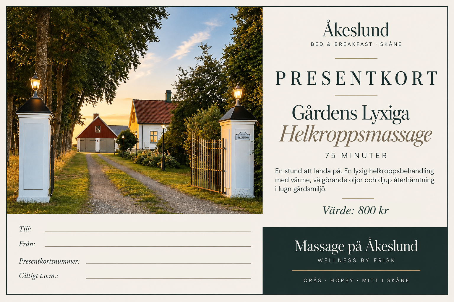 Presentkort för Gårdens lyxiga helkroppsmassage, 75 minuter, 800 kr